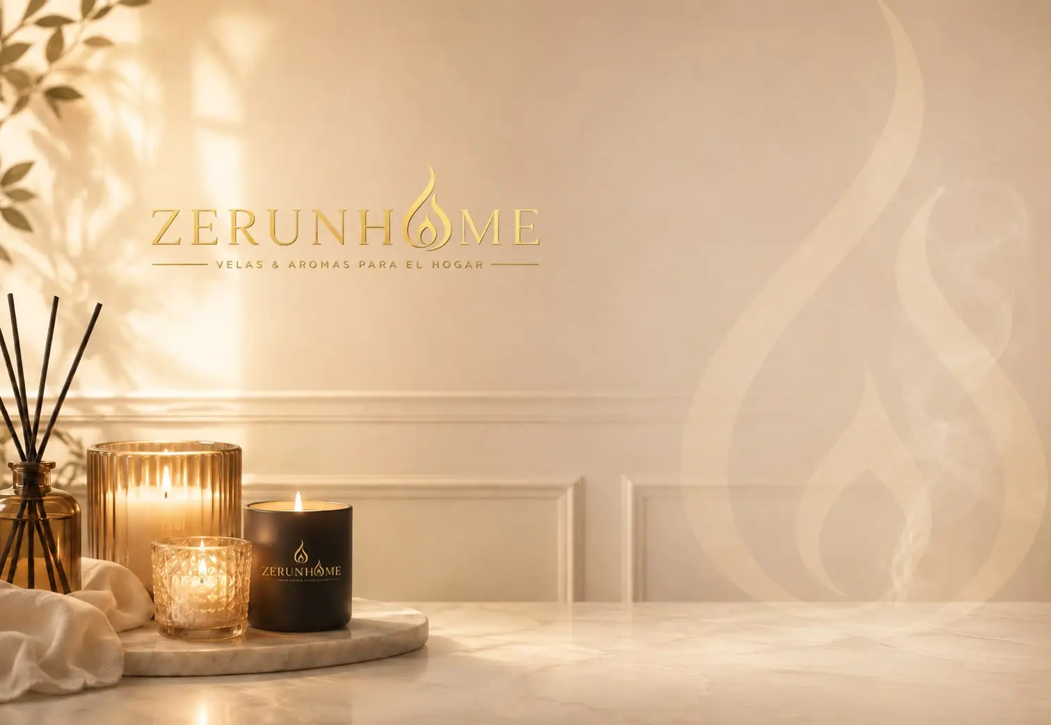 ZerunHome candles and reed diffuser on marble with warm light