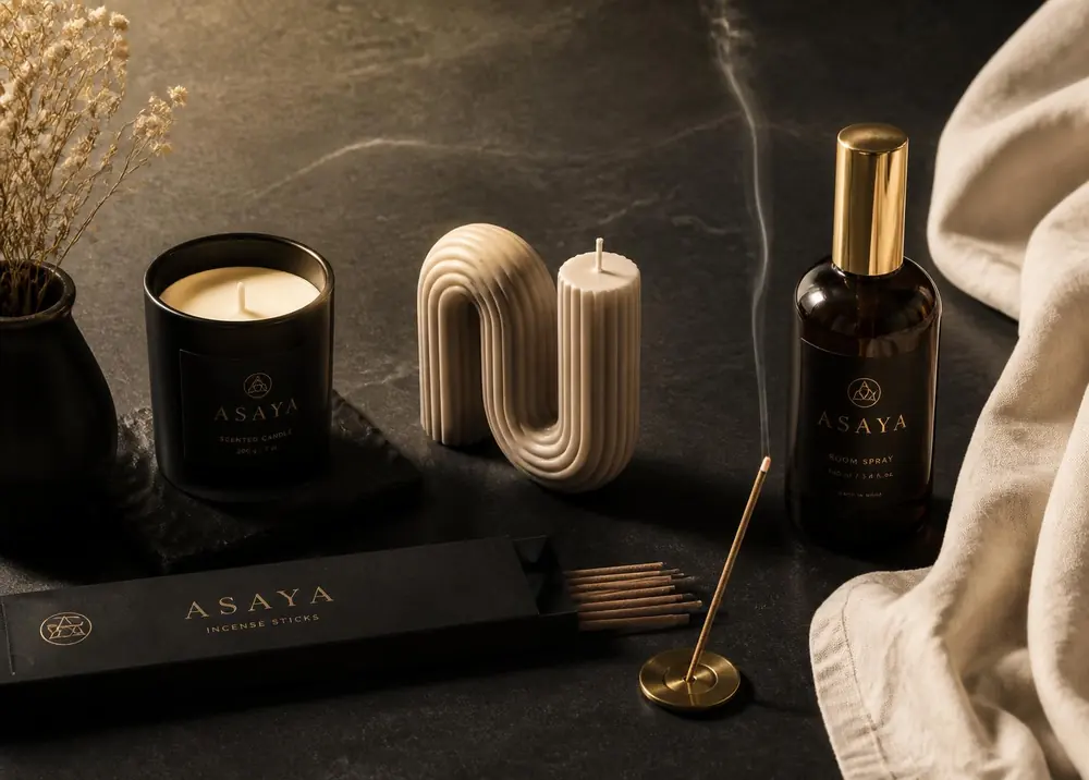 ZerunHome candle, incense, and room spray on dark stone